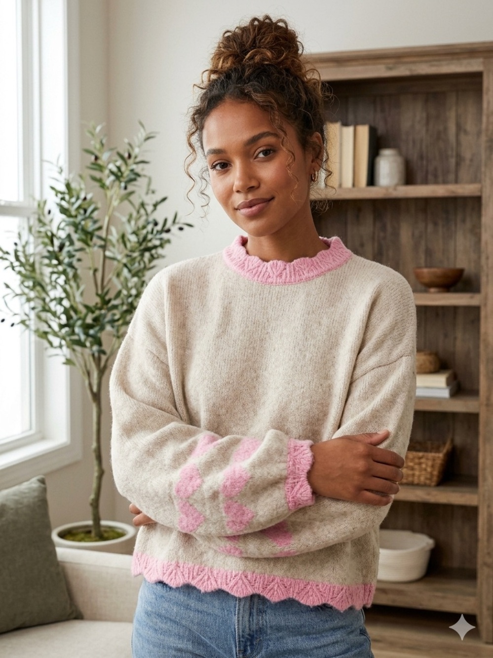 saltwater LUXE Cream Crewneck Sweater with Pink Heart Trim